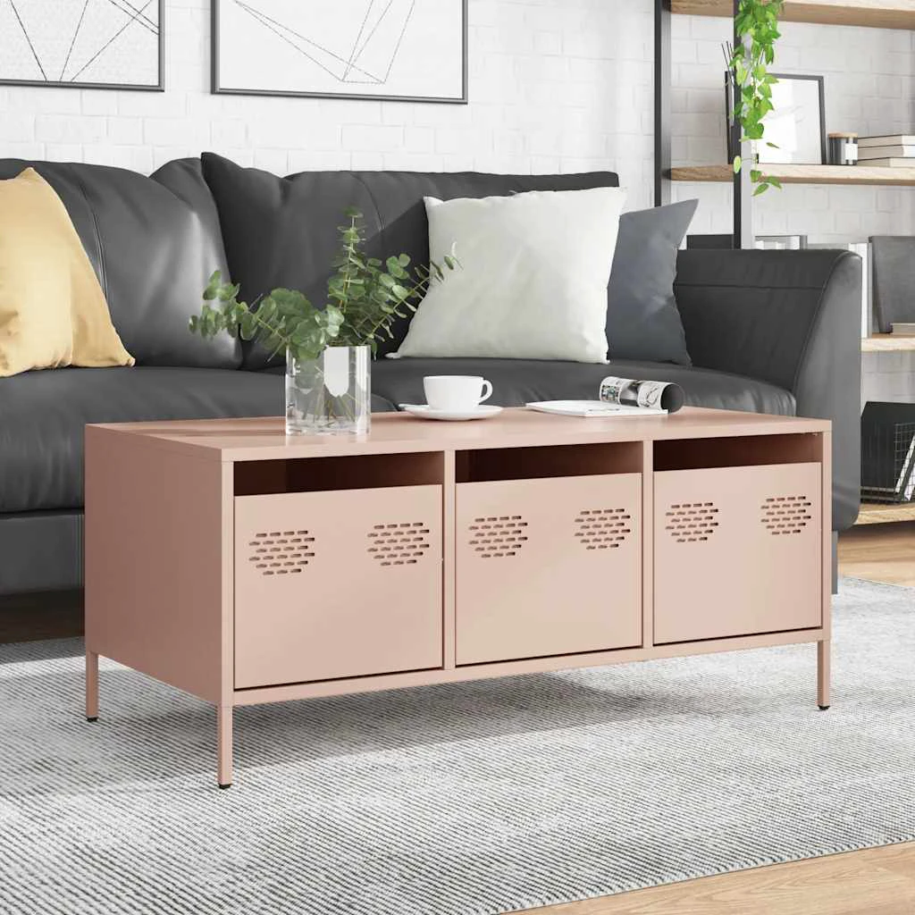 vidaXL vidaXL Pink Coffee Table 101.5x50x43.5 Cm Cold Rolled Steel Industrial With Three Storage Cabinets For Living Room - Coffee Table