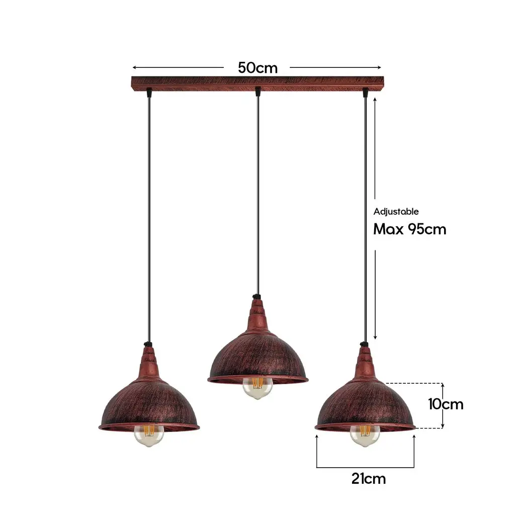 Un-branded Vintage Industrial Rustic Red 3 Head Reactangle Pendant Cord E27 Base Metal Brushed Light Fitting Small Dome Lamp Shade - Pendant Lights