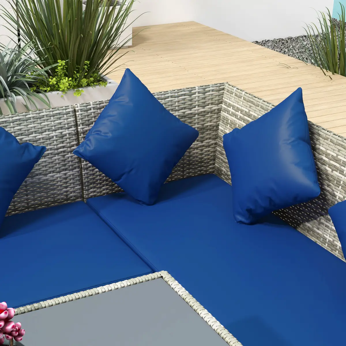 Outsunny Outsunny 5Pcs Rattan Dining Corner Sofa Set, Garden Furniture Set, Dark Blue - Garden Sofa Sets