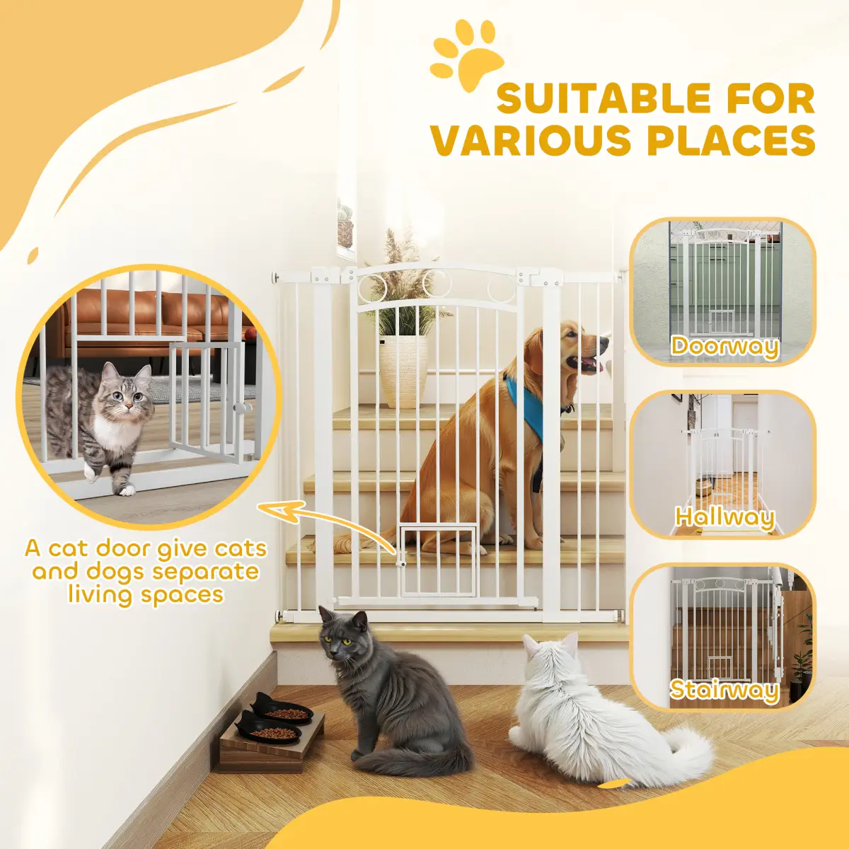 PawHut Stair Gate with Cat Door, Adjustable Width, 76-104cm and 106cm Tall - Pet Gate