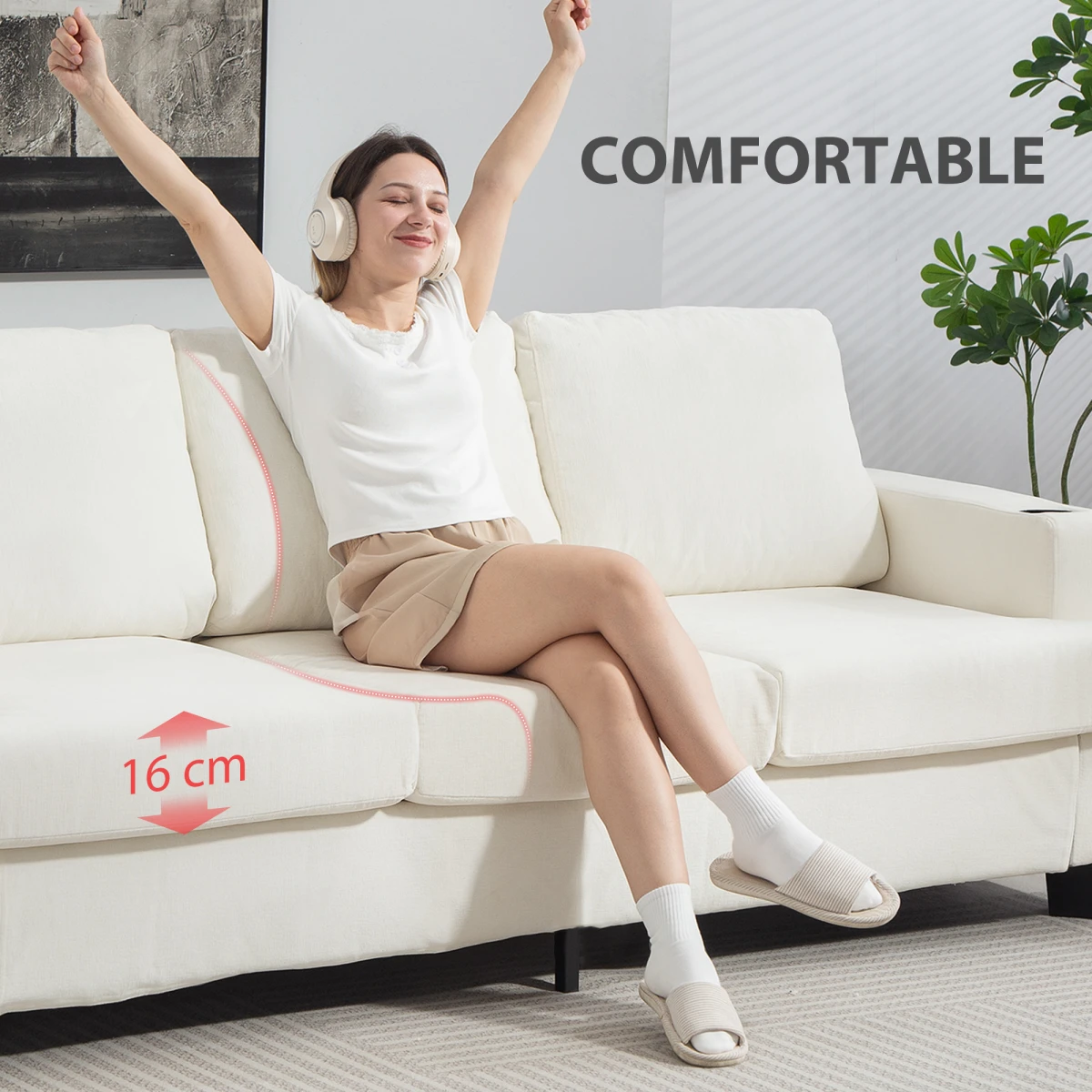 HOMCOM 3 Seater Sofa USB Ports Cup Holders For Home - Sofa