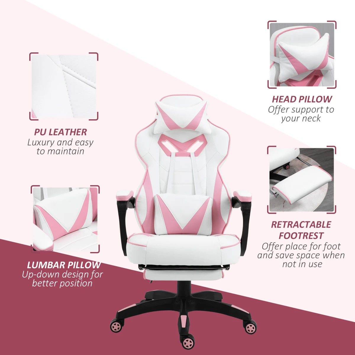 Gaming Chair Ergonomic Reclining w/ Manual Footrest Wheels Stylish Office Pink by Vinsetto