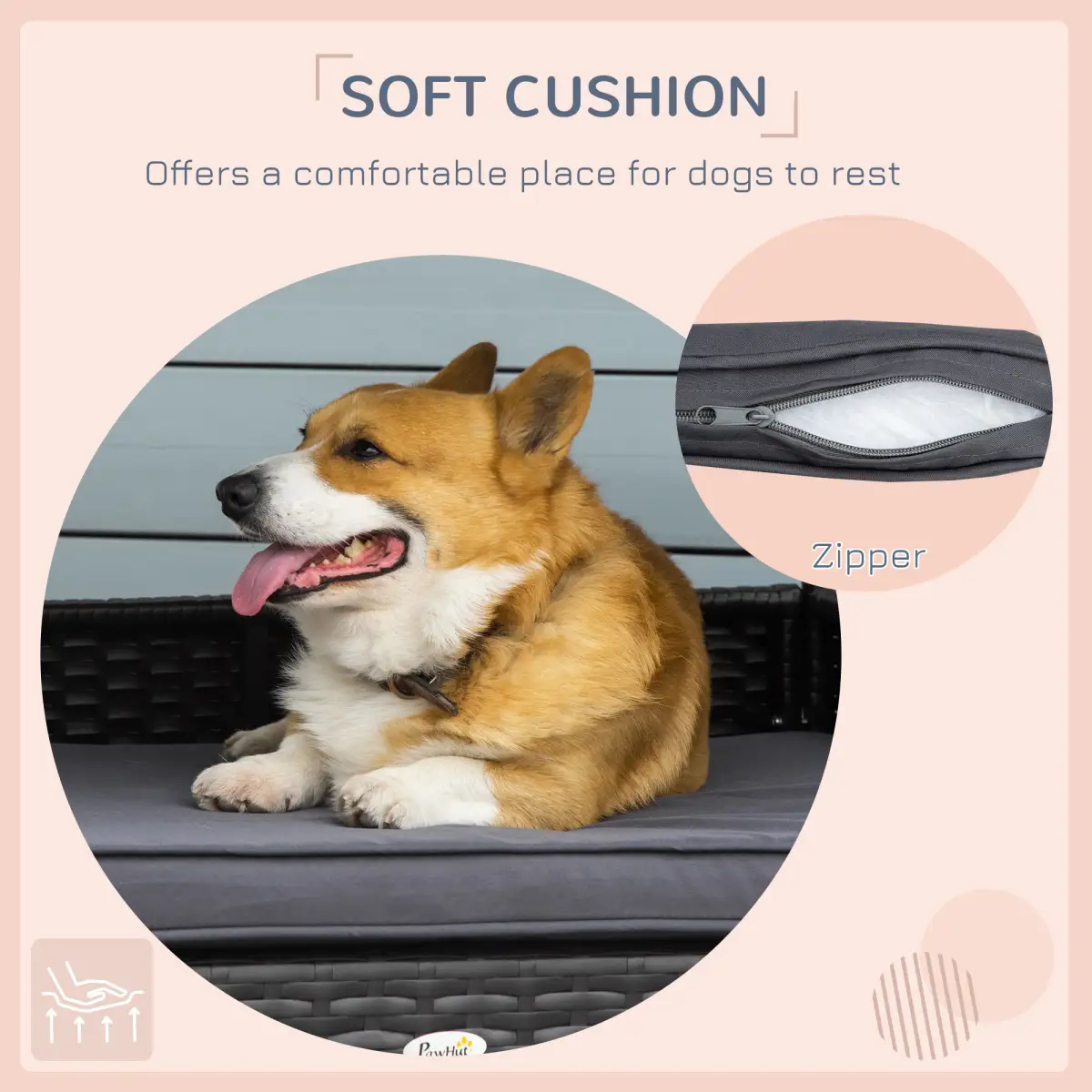 PawHut PawHut Wicker Dog House, Rattan Pet Bed with Soft Cushion, Cat Basket - Grey - Dog Beds
