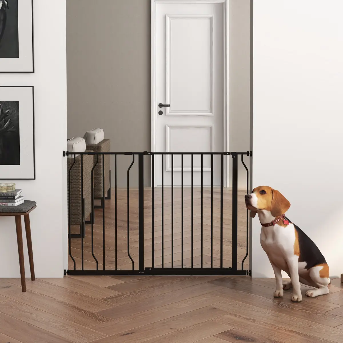 PawHut PawHut Dog Gate Wide Stair Gate with Door Pressure Fit, 75-115W cm, Black - Pet Gate