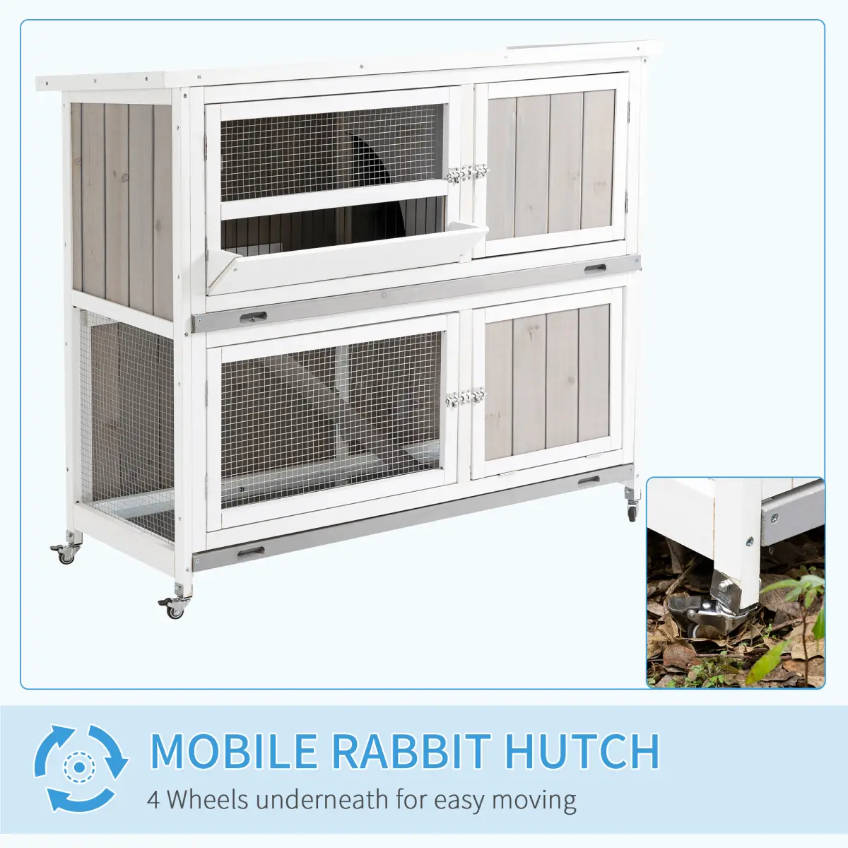 Unbranded Two-Tier Wooden Rabbit Hutch w/ Wheels, Trough, Rain Cover, Tray - Grey Pawhut - Rabbit Hutch