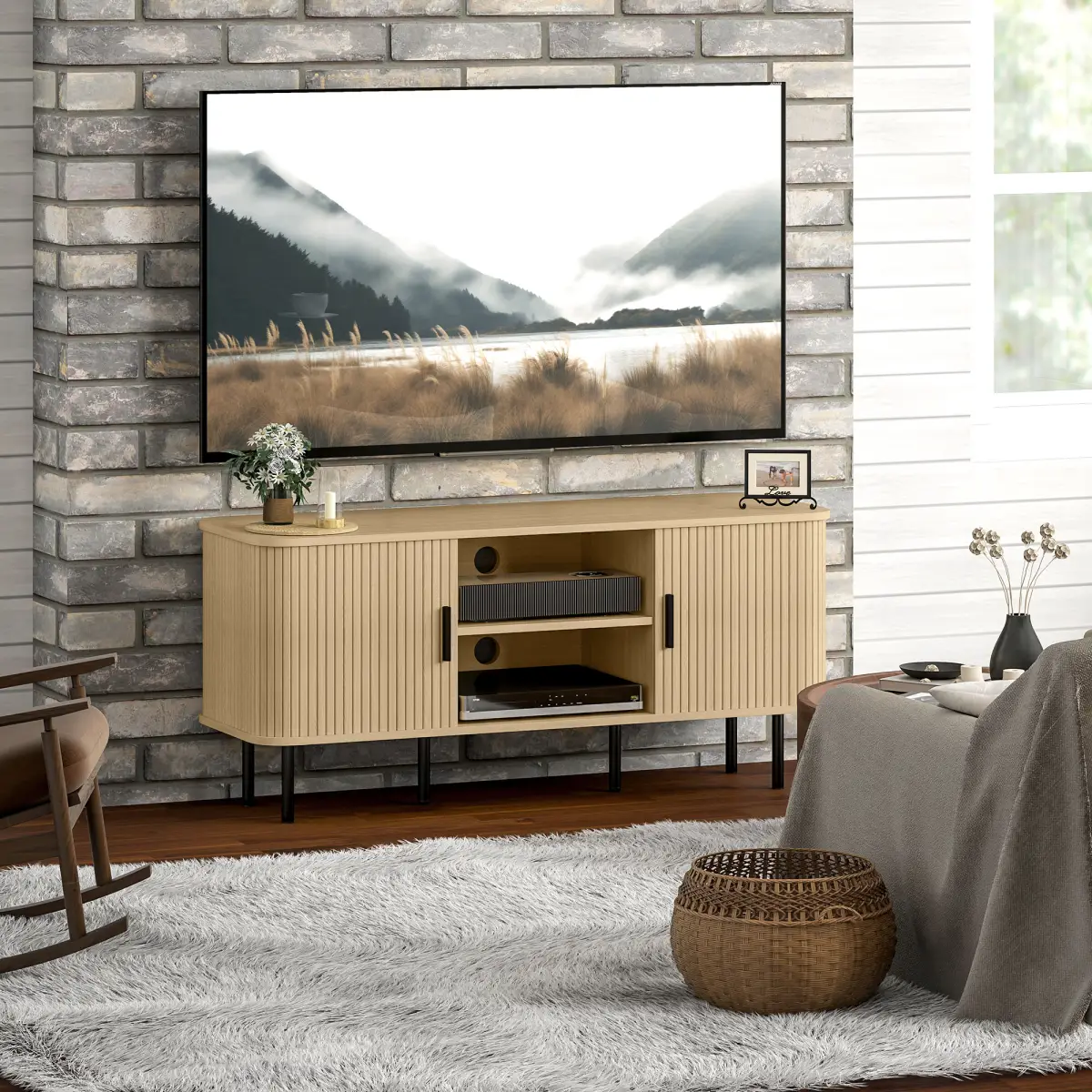 HOMCOM Living Room TV Unit With Oak Tone Finish HOMCOM Two Shelves Two Cupboards Cable Management Elevated Base - TV Unit