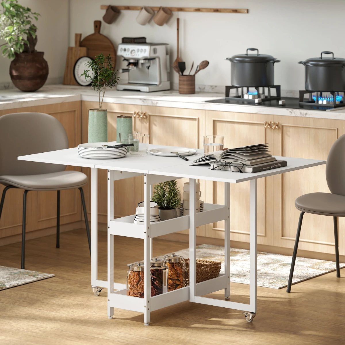 Sturdy Drop Leaf Dining Table With Shelves Wheels by N/A