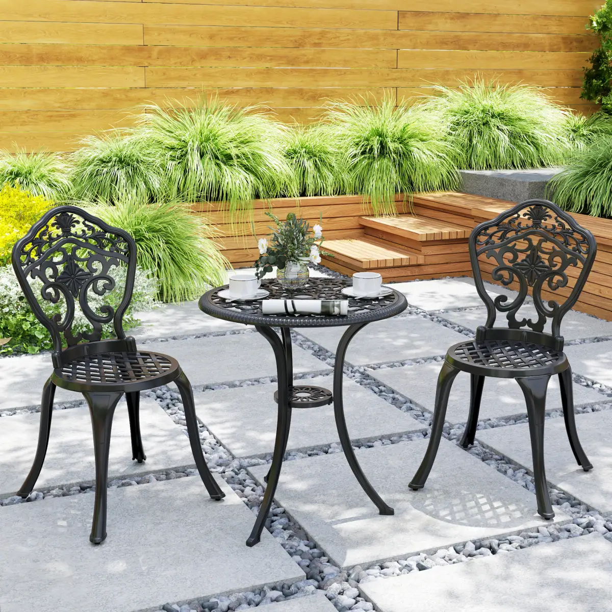 Outsunny Outsunny 3 PCs Cast Aluminium Bistro Set w/ Parasol Hole for Balcony, Black - Garden Set