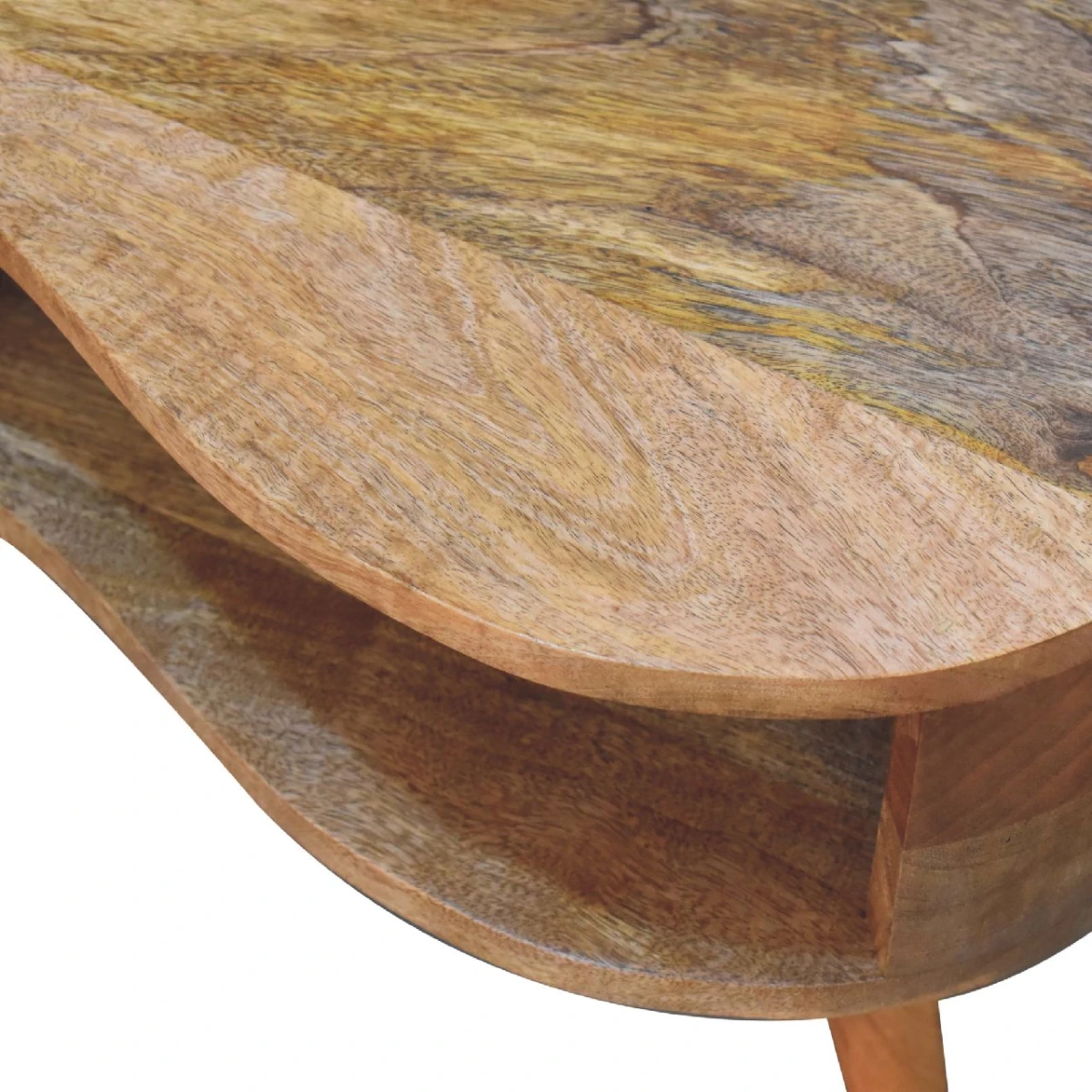 Artisan Furniture Artisan Coffee Table Oval 40InL Solid Mango Wood Oakish Finish Curved Wave Drawer Shelf For Modern Living Rooms - Coffee Table