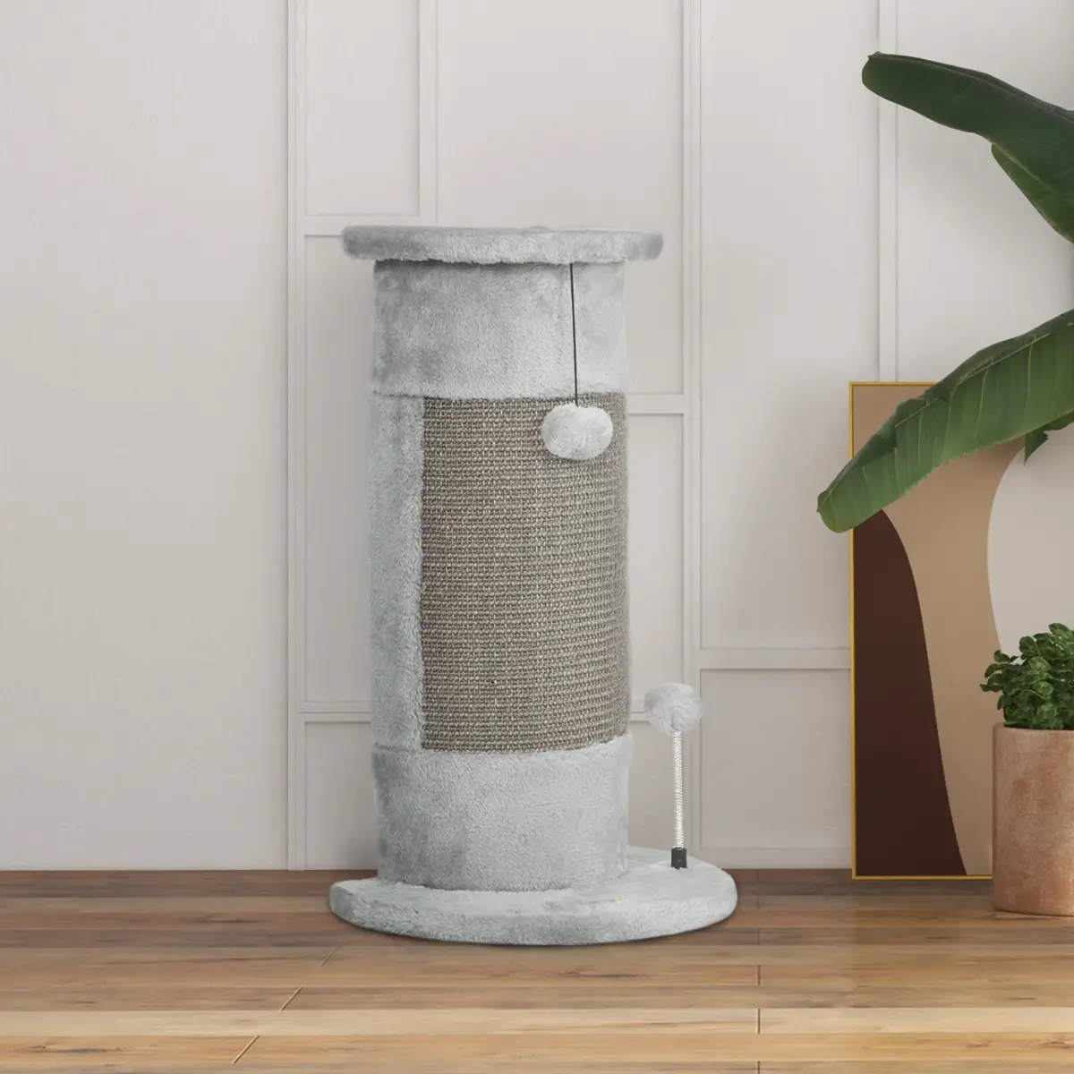 PawHut 58cm Corner Cat Scratching Post for Wall w/ Covered Plush, Sisal Rope, Toy Balls - Cat Tree