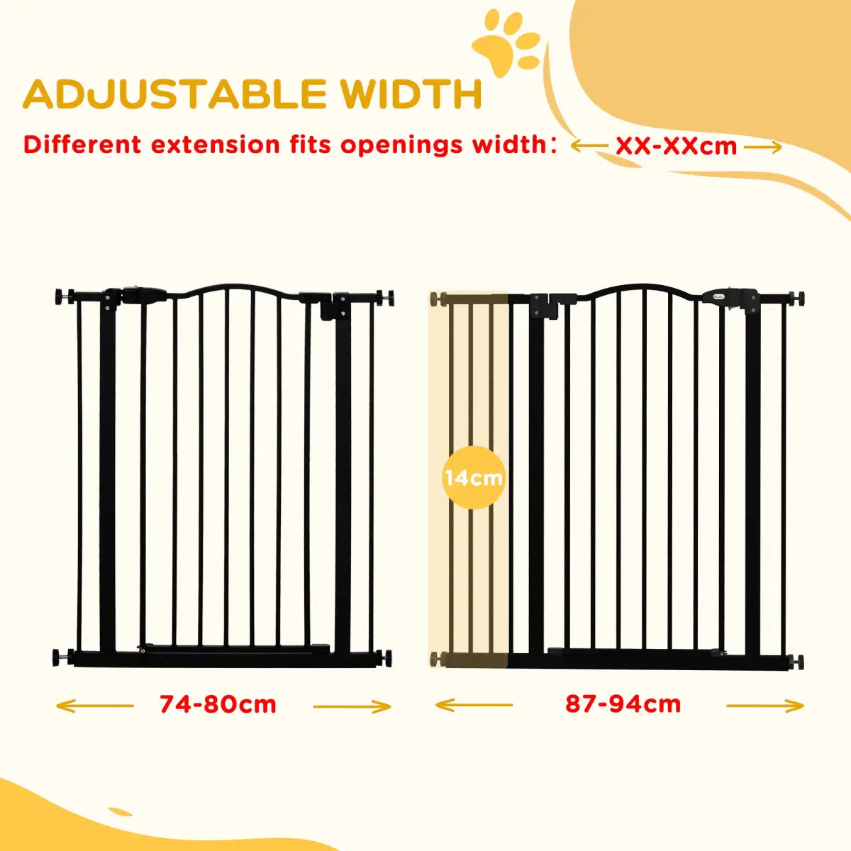 PawHut PawHut 74-94cm Adjustable Metal Pet Gate Safety Barrier w/ Auto-Close Door Black - Pet Gate