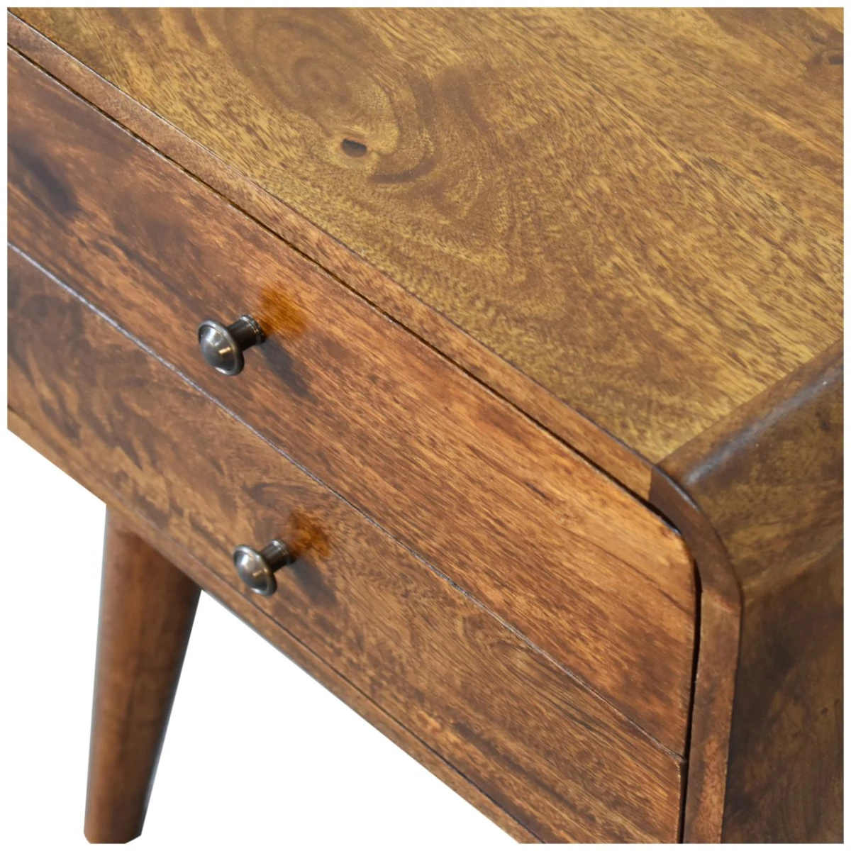 Artisan Bedside Table Compact Nightstand Solid Mango Wood 2 Drawers Curved Chestnut Finish for Bedroom Decor by Artisan Furniture