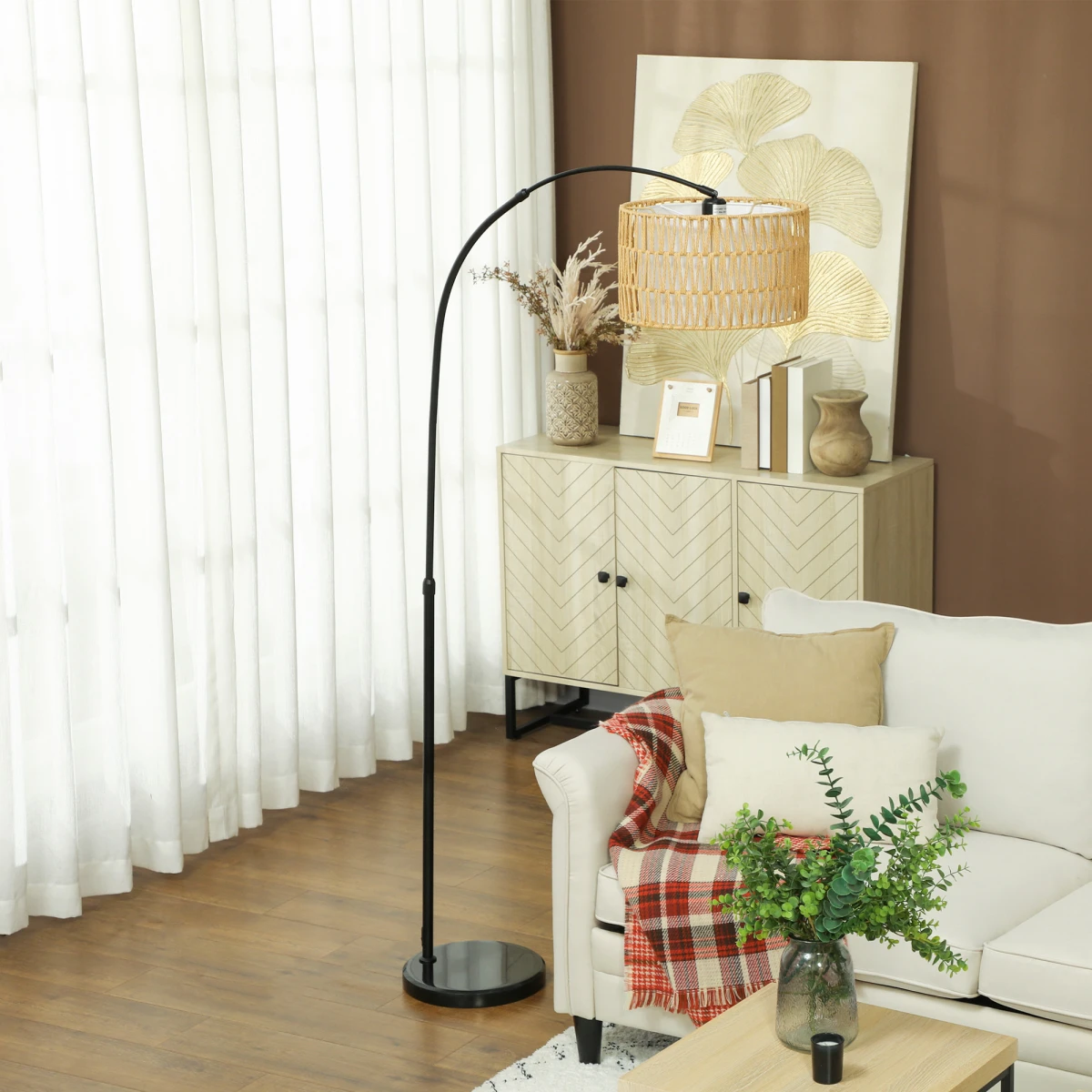 N/A Premium Floor Lamp With Adjustable Height Lantern Shade Hemp Rope Marble Base Foot Switch For Living Room - Lamp