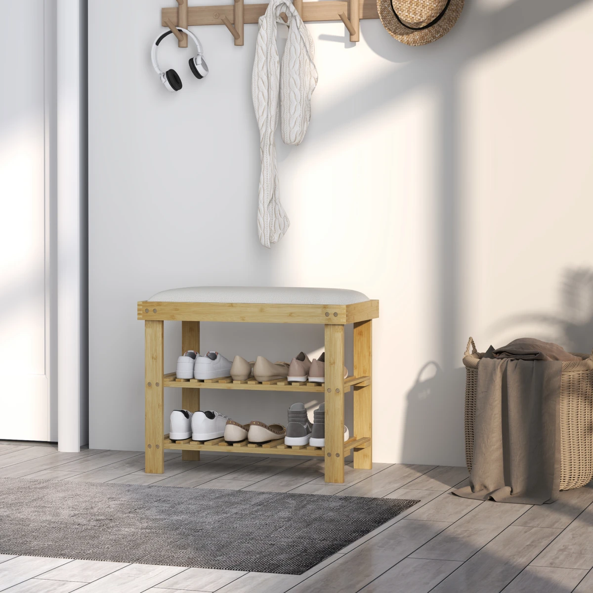 HOMCOM HOMCOM 3-Tier Shoe Storage Bench, Bamboo Shoe Rack for Entryway, Cream -