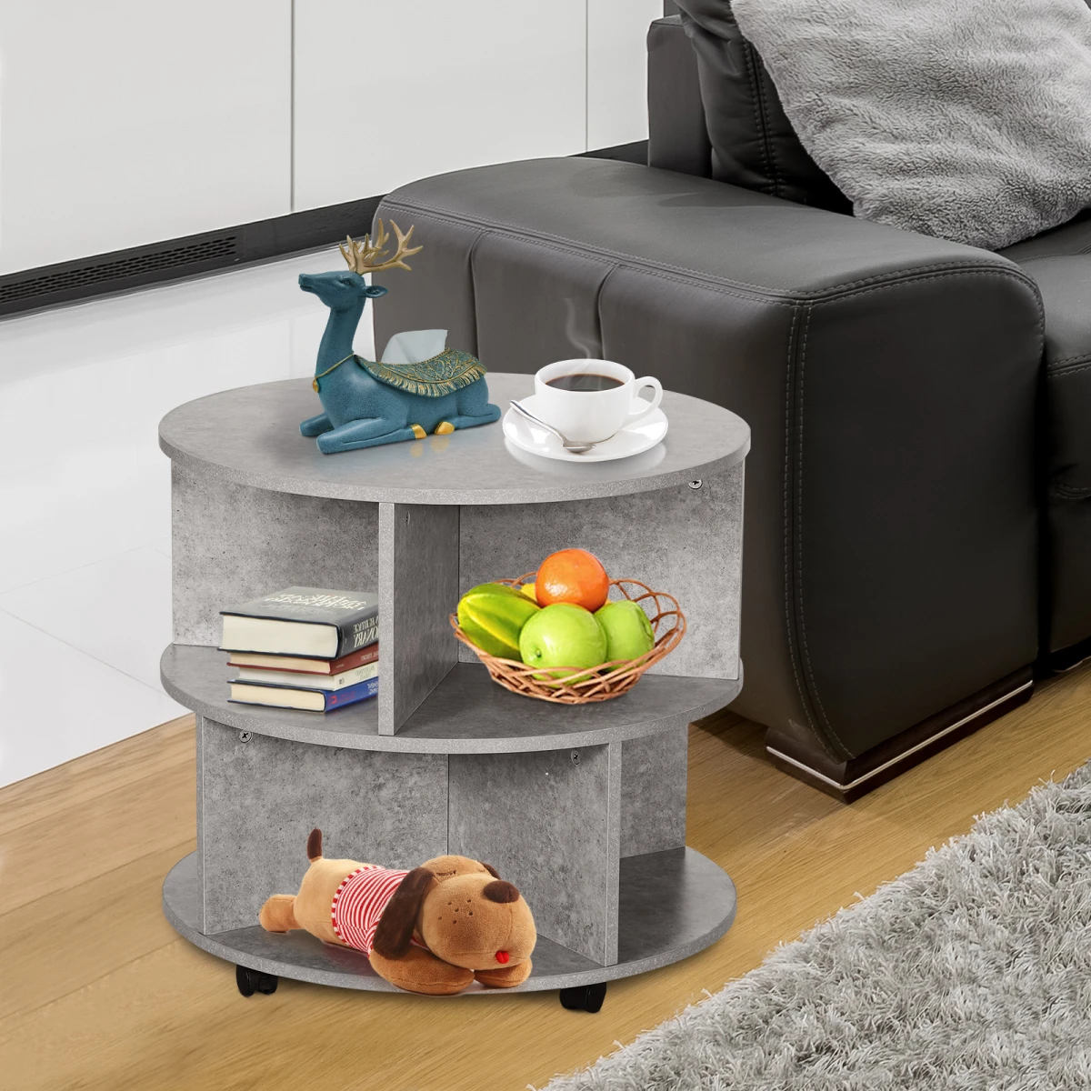 HOMCOM Concrete Finish Round Coffee Table 60x39.5cm Two Tier With Sector Shelves For Living Room - Coffee Table