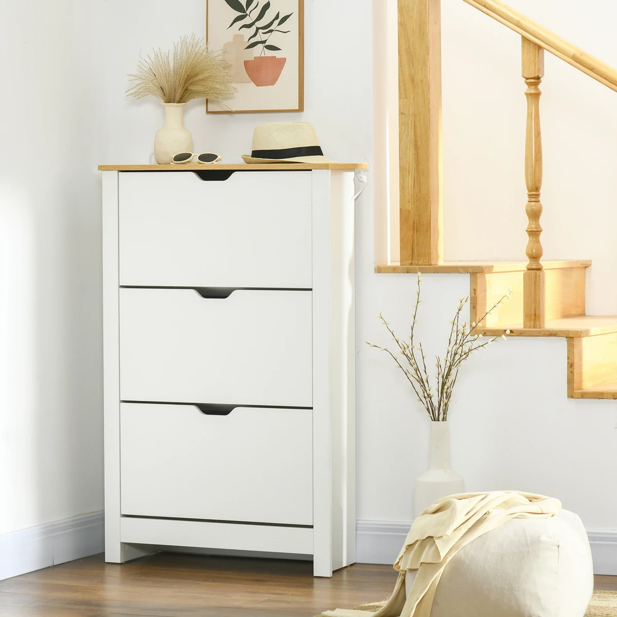 HOMCOM HOMCOM Shoe Cabinet White Wood Top 18 Pair Capacity 6 Shelves 3 Drawers Anti Tip - Shoe Storage