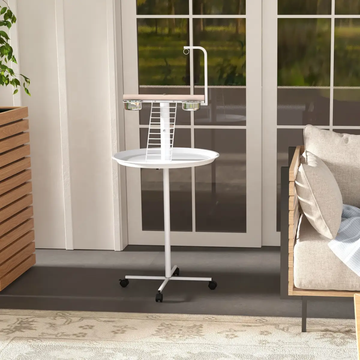 PawHut PawHut Bird Table with Four Wheels, Perches, Stainless Steel Bowls, Round Tray - Bird Feeder