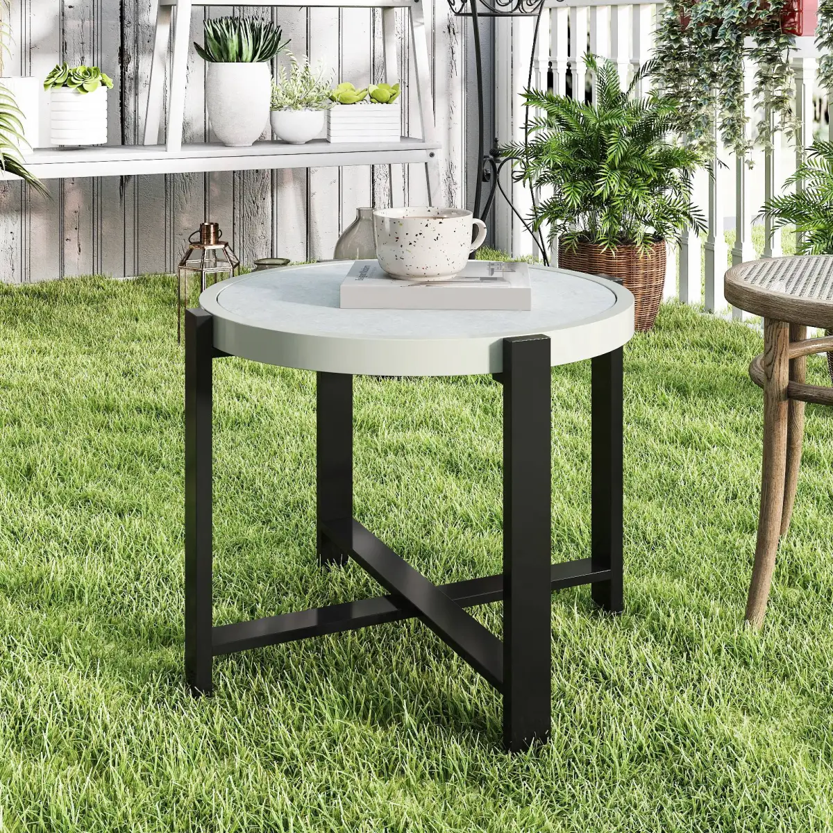 Outsunny Outsunny Round Small Garden Table with Faux Marble Glass Top, Light Grey - Garden Table