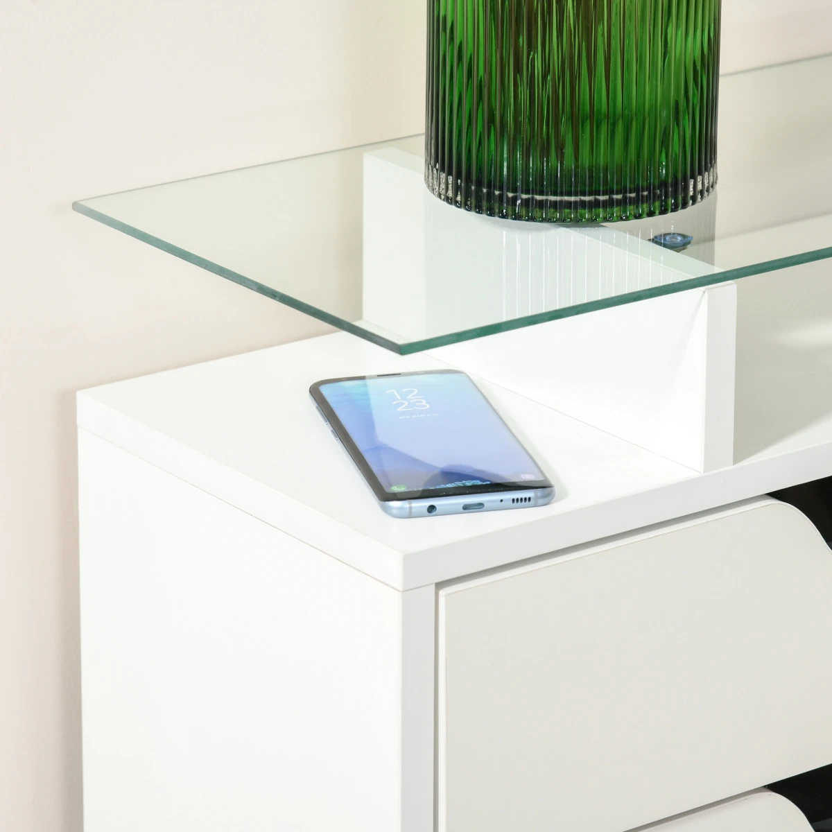 Premium White High Gloss Shoe Cabinet With Glass Top Three Drawers Storage Organizer For Hallway Or Office by HOMCOM