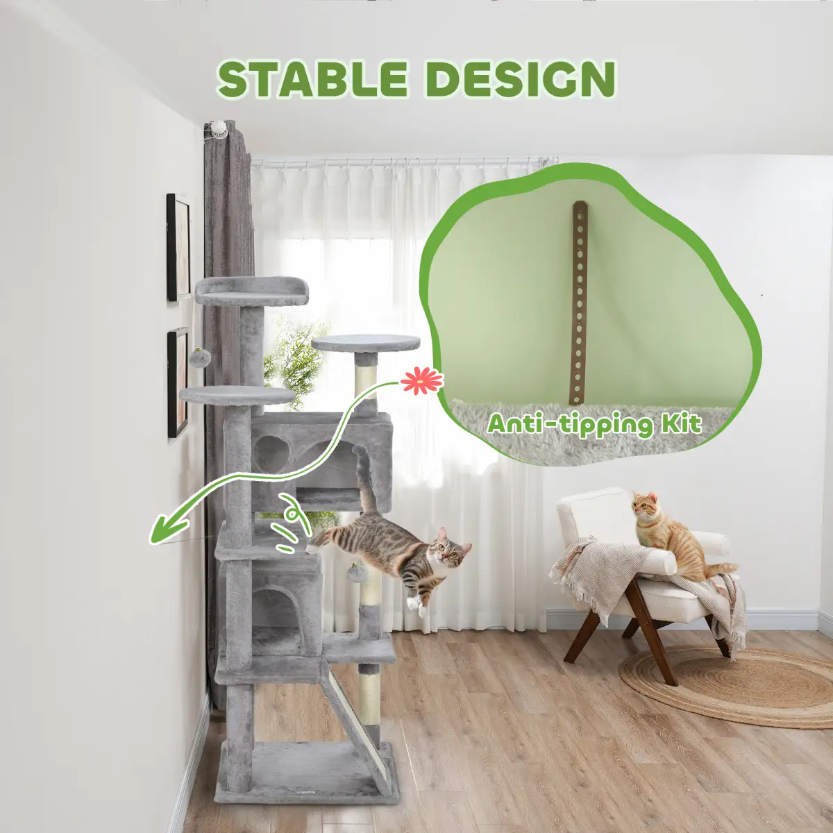 PawHut PawHut 138cm Cat Tree with Scratching Posts and Pad, Bed, Condos, Light Grey - Cat Tree