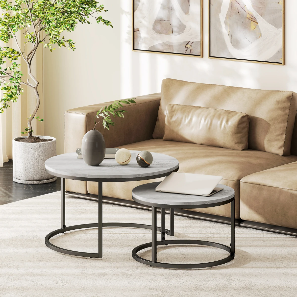 Sturdy Stacking Coffee Tables 2-Pc Marble-Top Home - Coffee Table