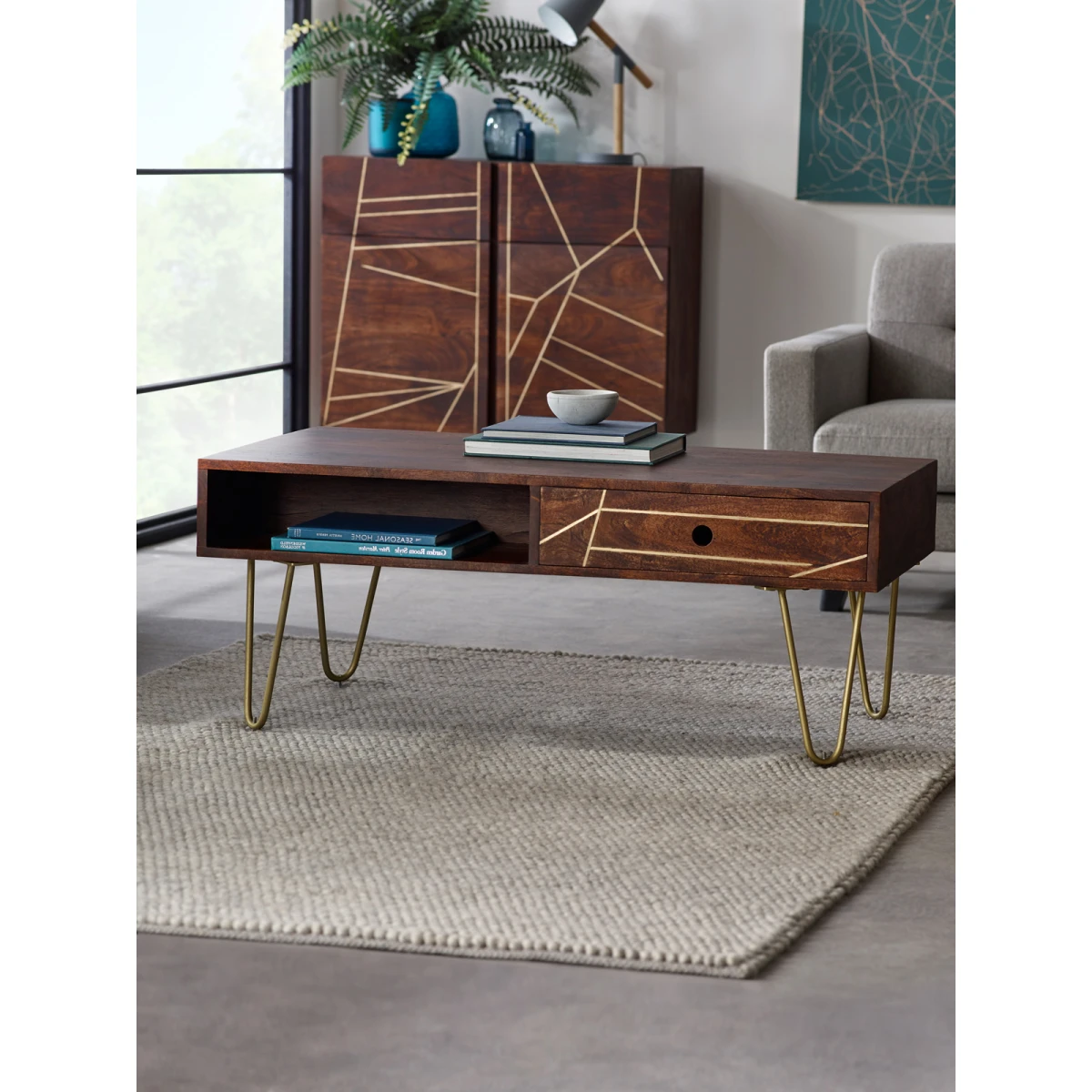Premium Coffee Table 48In L 24In W 16In H With Drawer Gold Hairpin Legs Living Room by Indian Hub