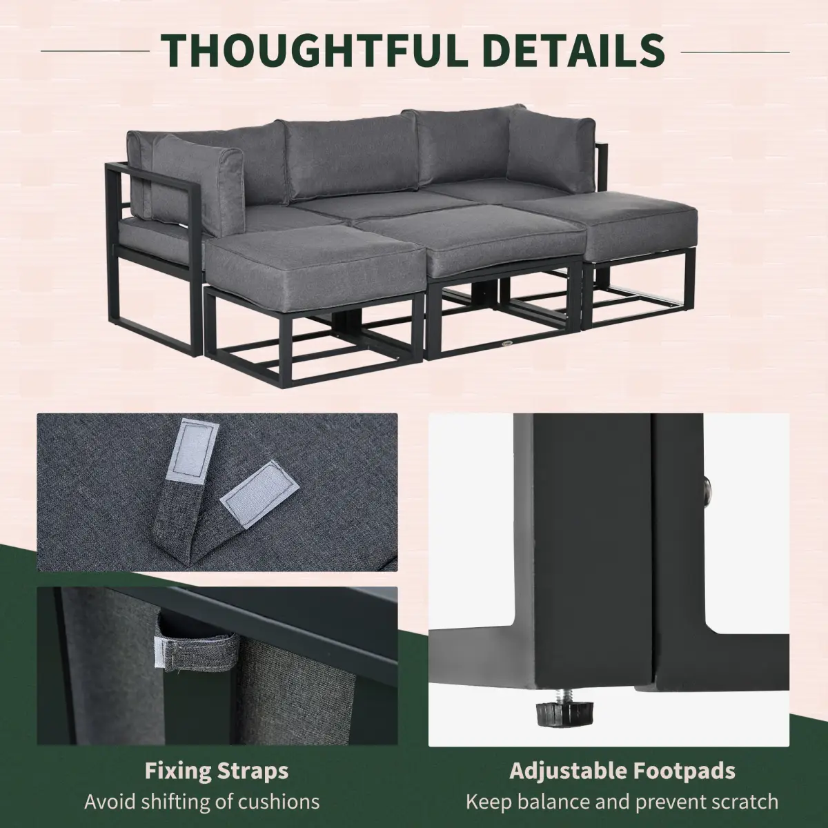 Outsunny Daybed 6 Piece Sectional Sofa Set, & Coffee Table, Footstool & Cushions, Grey - Garden Sofa Sets