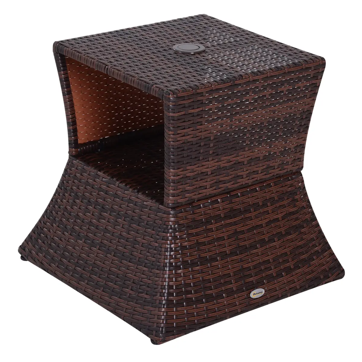 Outsunny Outsunny Rattan Wicker Tea Coffee Table w/ Umbrella Hole Storage Space Brown - Garden Table