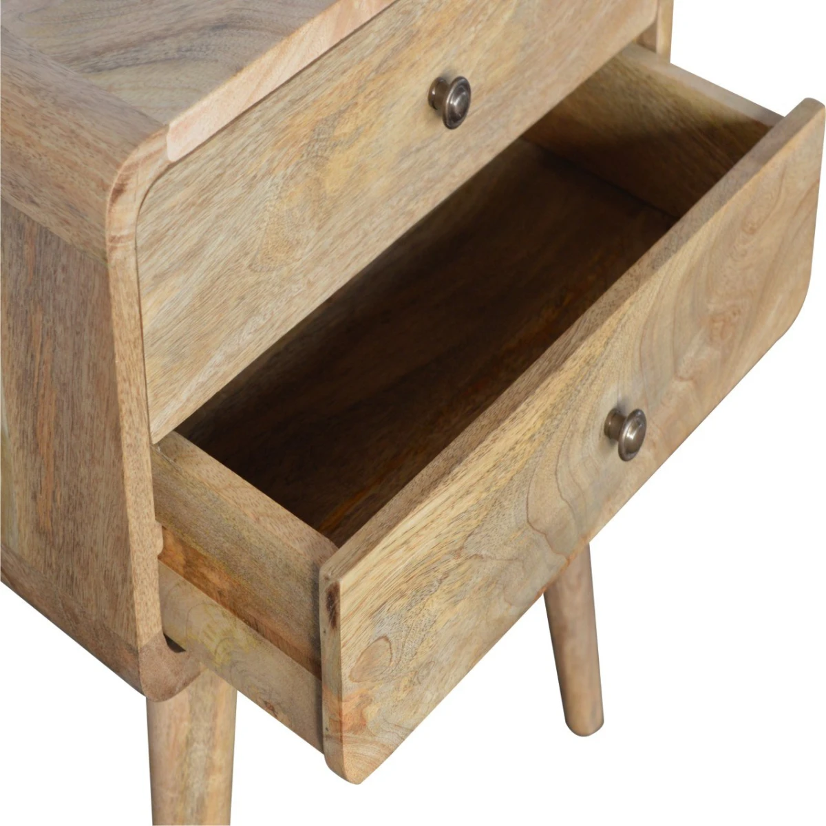 Artisan Furniture Artisan Bedside Table Solid Mango Wood Curved Edges Oak Finish Compact Size Two Drawer Nightstand For Bedroom - Bedside Table