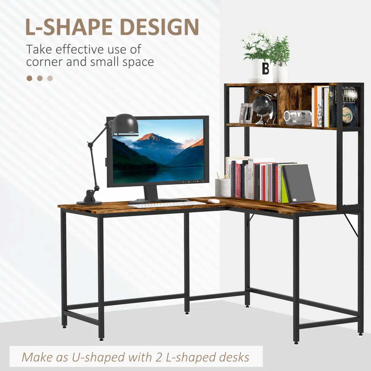 HOMCOM 149x140x125cm Industrial L-Shaped Desk w Shelf - Brown & Black - Desk