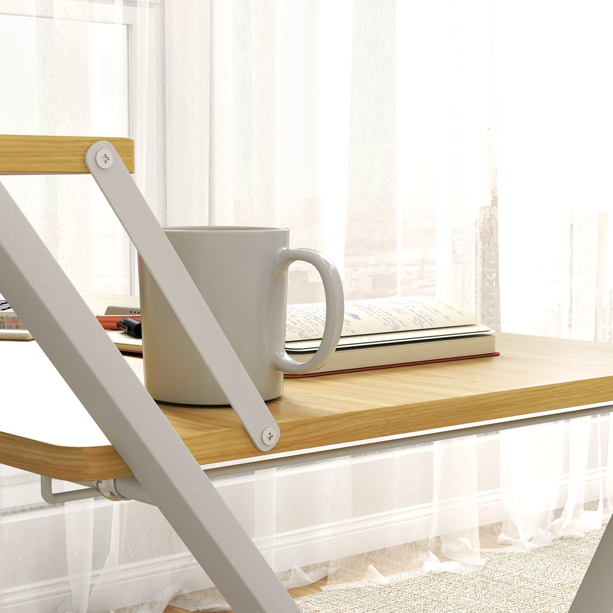 HOMCOM Folding Desk With Two Tier Shelf Maple Wood Effect for Home Office and Bedroom by HOMCOM