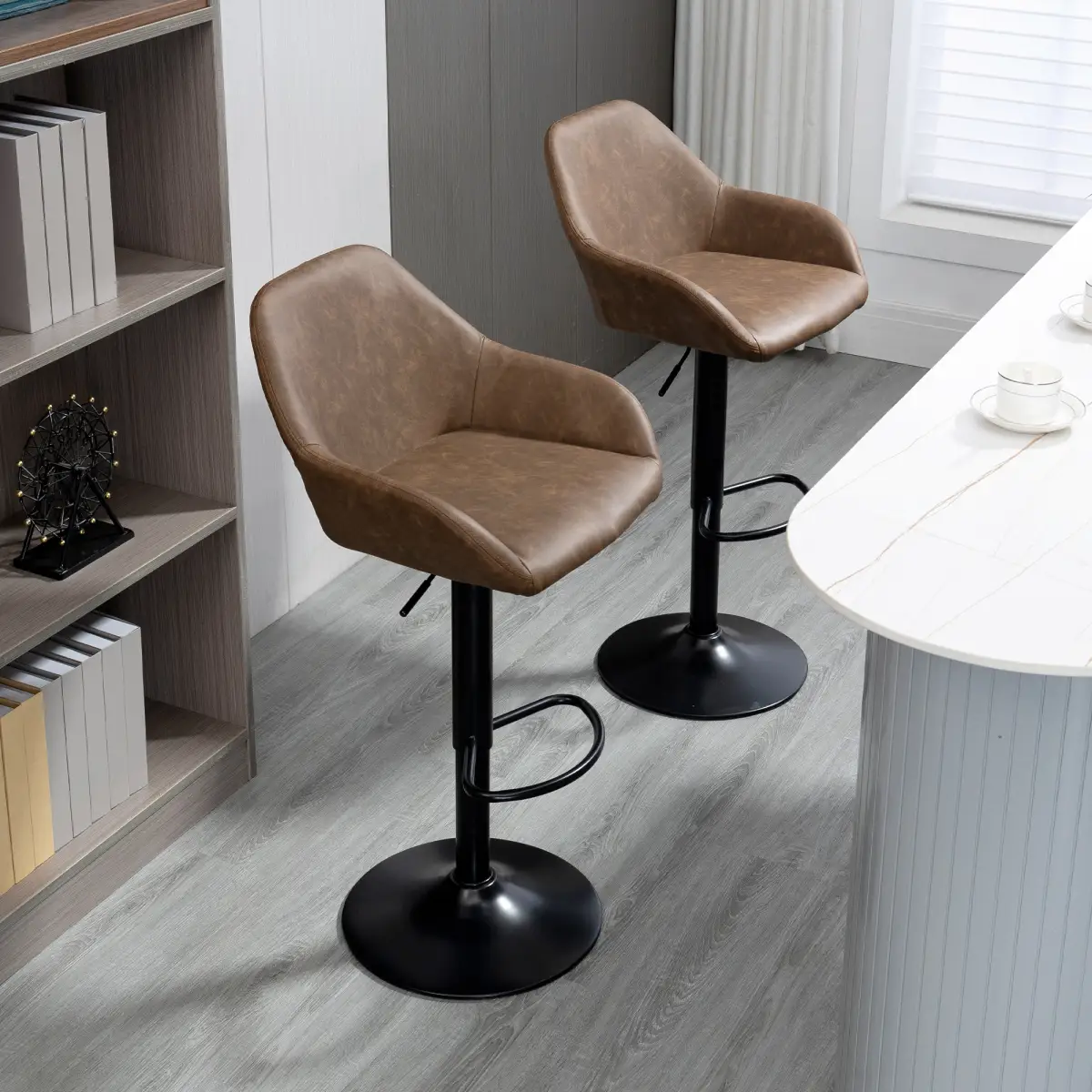 HOMCOM Set of 2, Swivel Barstools Footrest Backrest, PU Leather and Steel Brown - Bar Stool