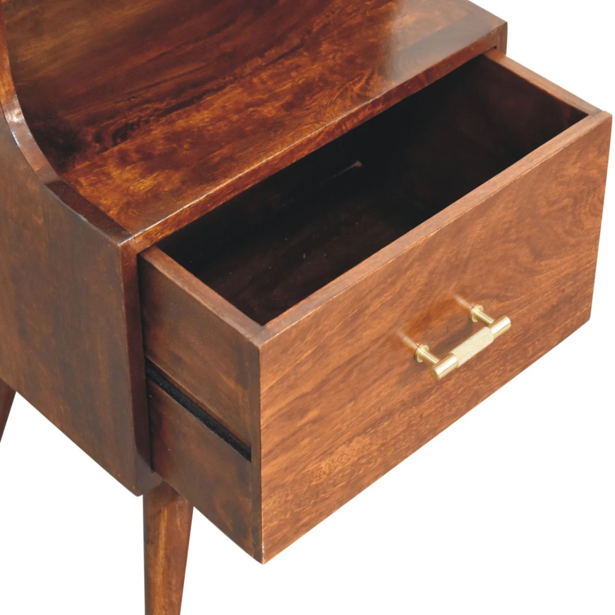 Artisan Solid Wood Bedside Table 18x14x24 Raised Back Shelf T Bar Drawer Mango Chestnut For Bedroom by Artisan Furniture