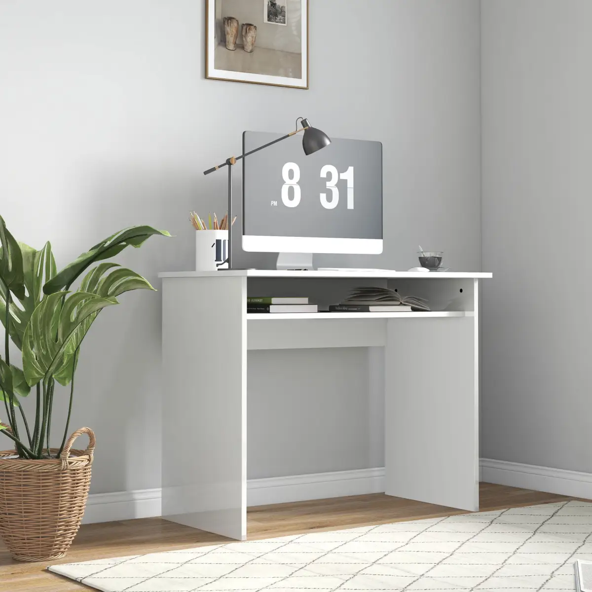 HOMCOM HOMCOM Computer Desk Writing Table Study Workstation Storage High Gloss White - Desk