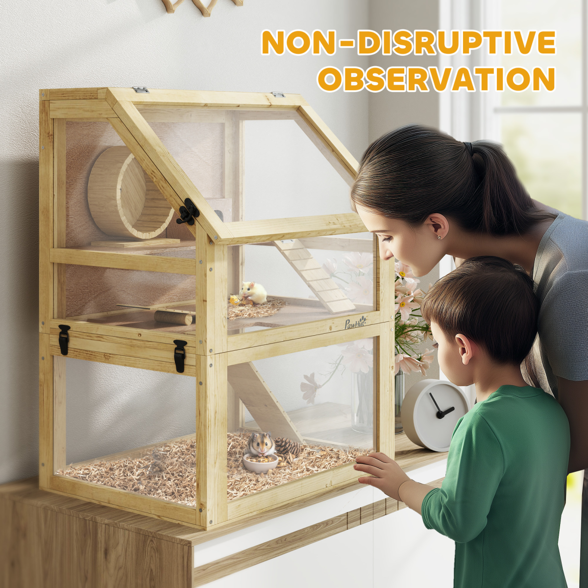PawHut Wooden Hamster Cage w/ Detachable Bottom, Hut, Seesaw, 60 x 40 x 75cm - from PawHut
