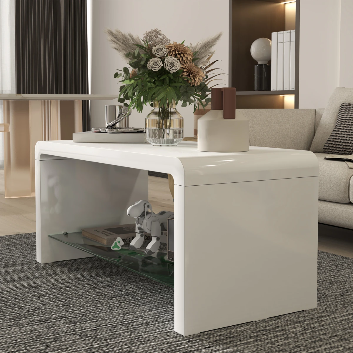 HOMCOM HOMCOM High Gloss Storage Coffee Table Two Tier White With Glass Shelf For Living Room - Coffee Table