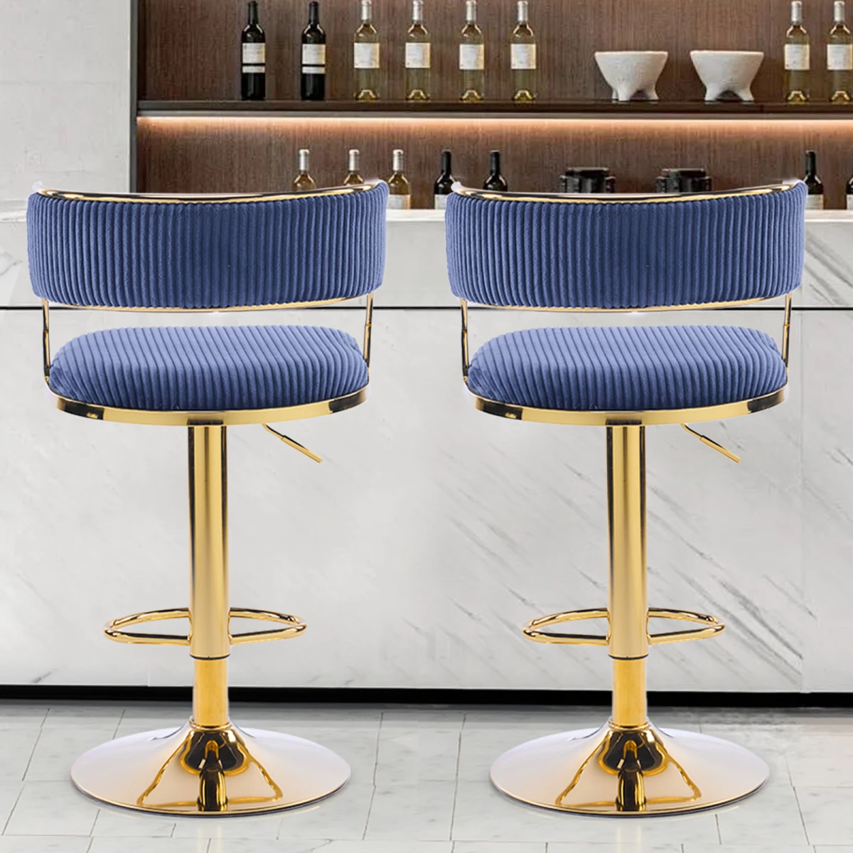 2pcs Blue Corduroy Swivel Bar Stools with Gold Plated Trumpet Base and Height Adjustable Gas Lift by N/A