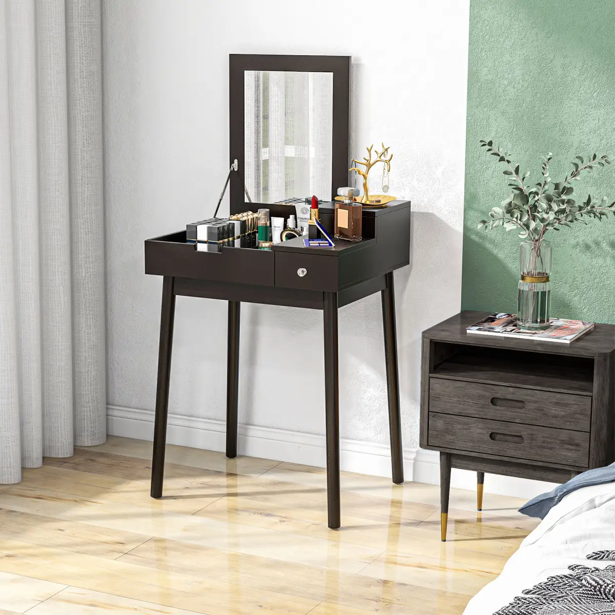 HOMCOM HOMCOM Dressing Table Vanity Desk Flip-up Mirror 2 Drawers, Black - Desk