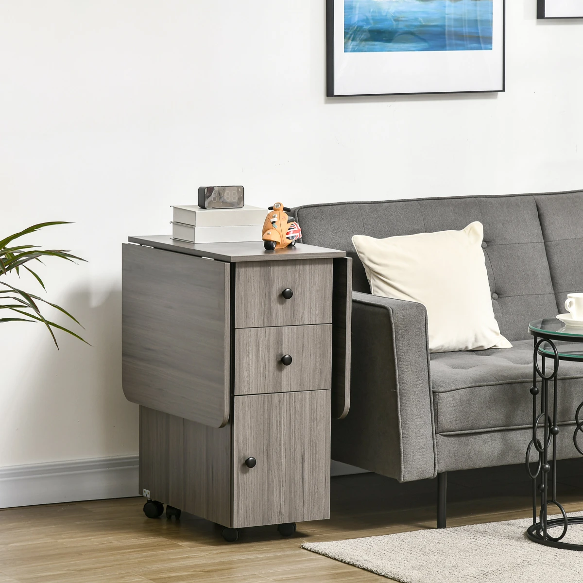 HOMCOM Drop Leaf Table Grey Wood Compact Drawers Apartments by HOMCOM