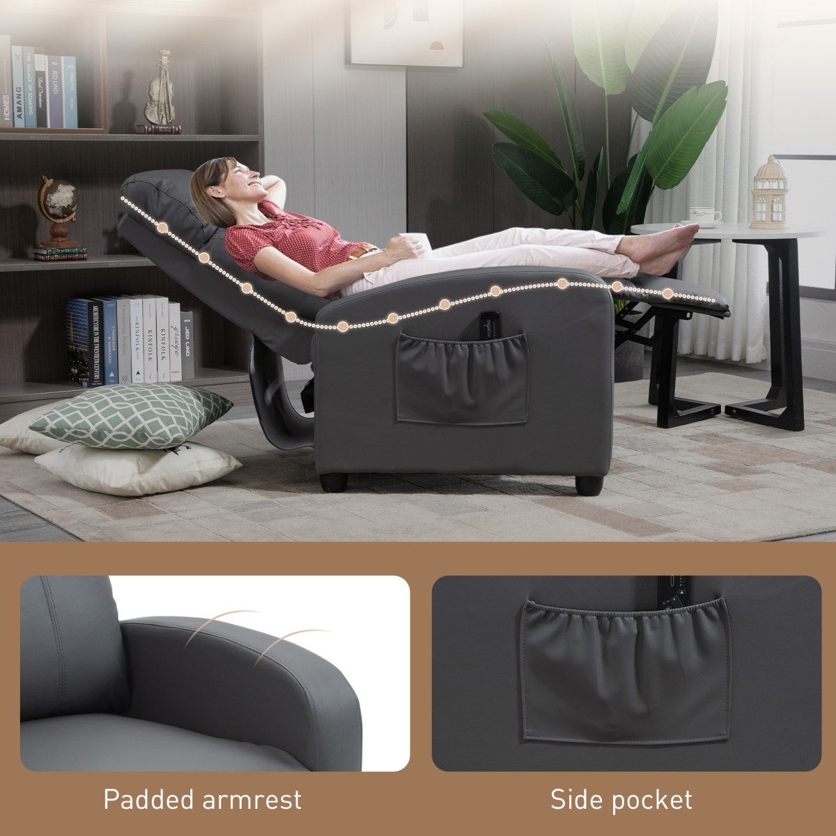 HOMCOM Recliner Armchair, Massage Faux Leather Push Back Reclining Chair with Adjustable Leg Rest, Side Pocket, for Home Living Room Theatre, Grey - from Unbranded