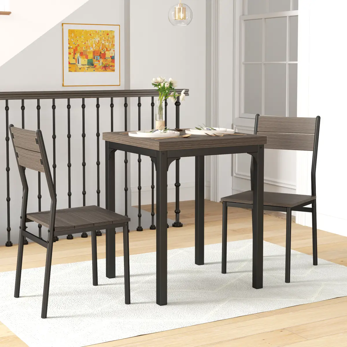 HOMCOM HOMCOM 3 Pcs Compact Dining Table 2 Chairs Set Grey Wood Grain - Dining Set