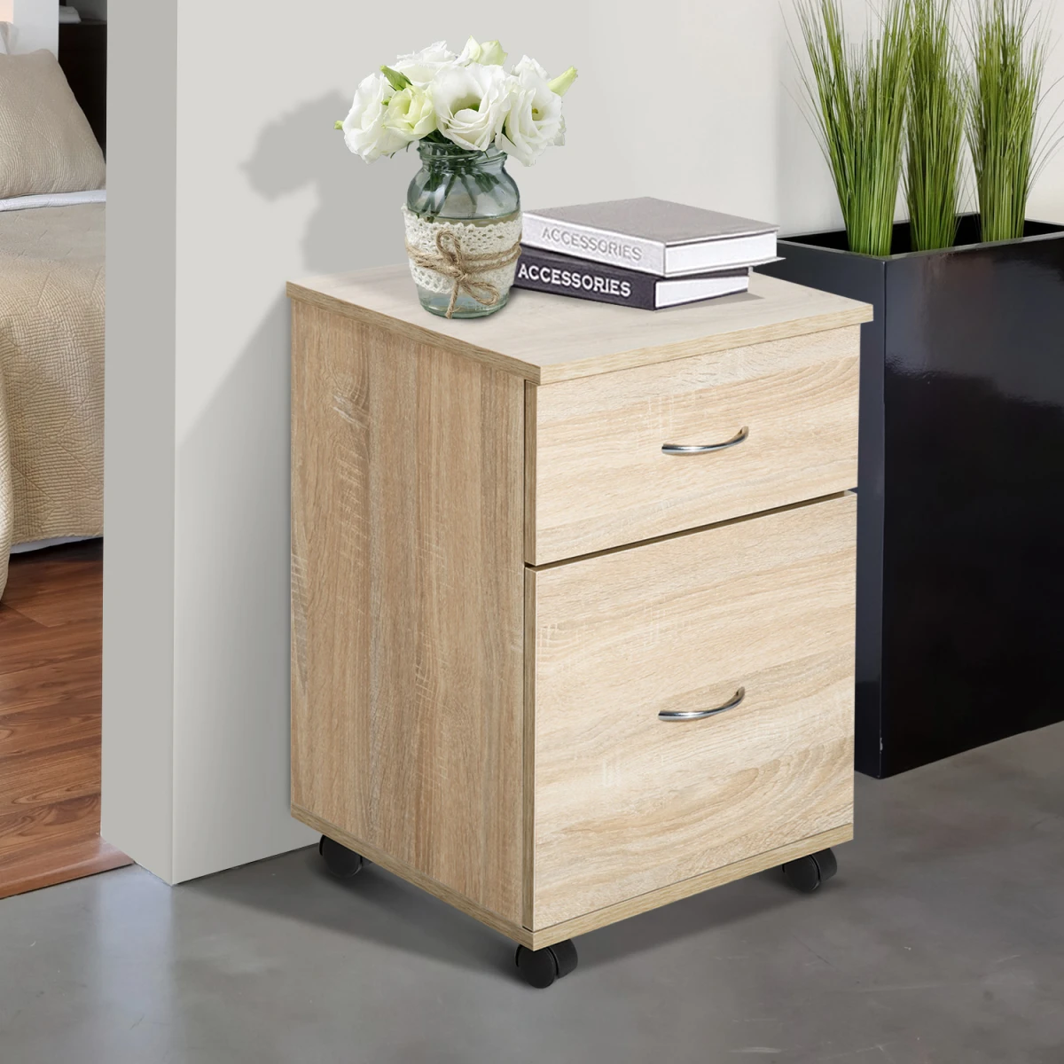 HOMCOM Premium Mobile File Cabinet Under Desk Height Oak Finish Two Drawer Office Pedestal - Office Storage