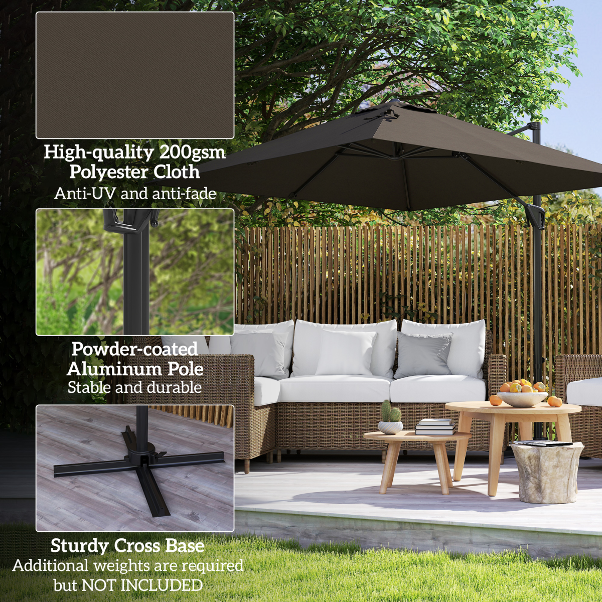 Outsunny Outsunny Square Cantilever Roma Parasol 360° Rotation w/ Hand Crank, Tan - Parasol
