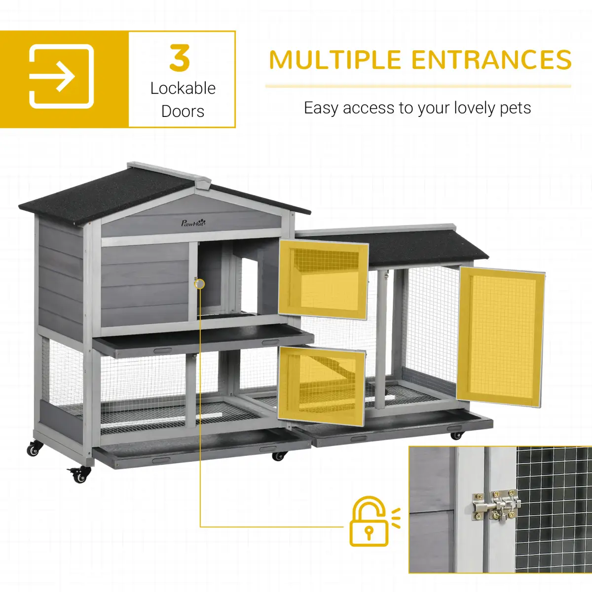 PawHut Wooden Rabbit Hutch, Guinea Pig Cage w/ Wheels, Slide-Out Tray, Ramp Light Grey - Rabbit Hutch
