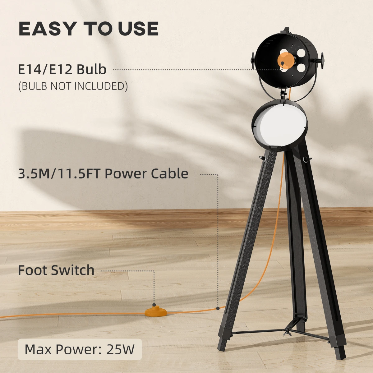HOMCOM Tripod Floor Lamp Wood Height Adjustable by HOMCOM