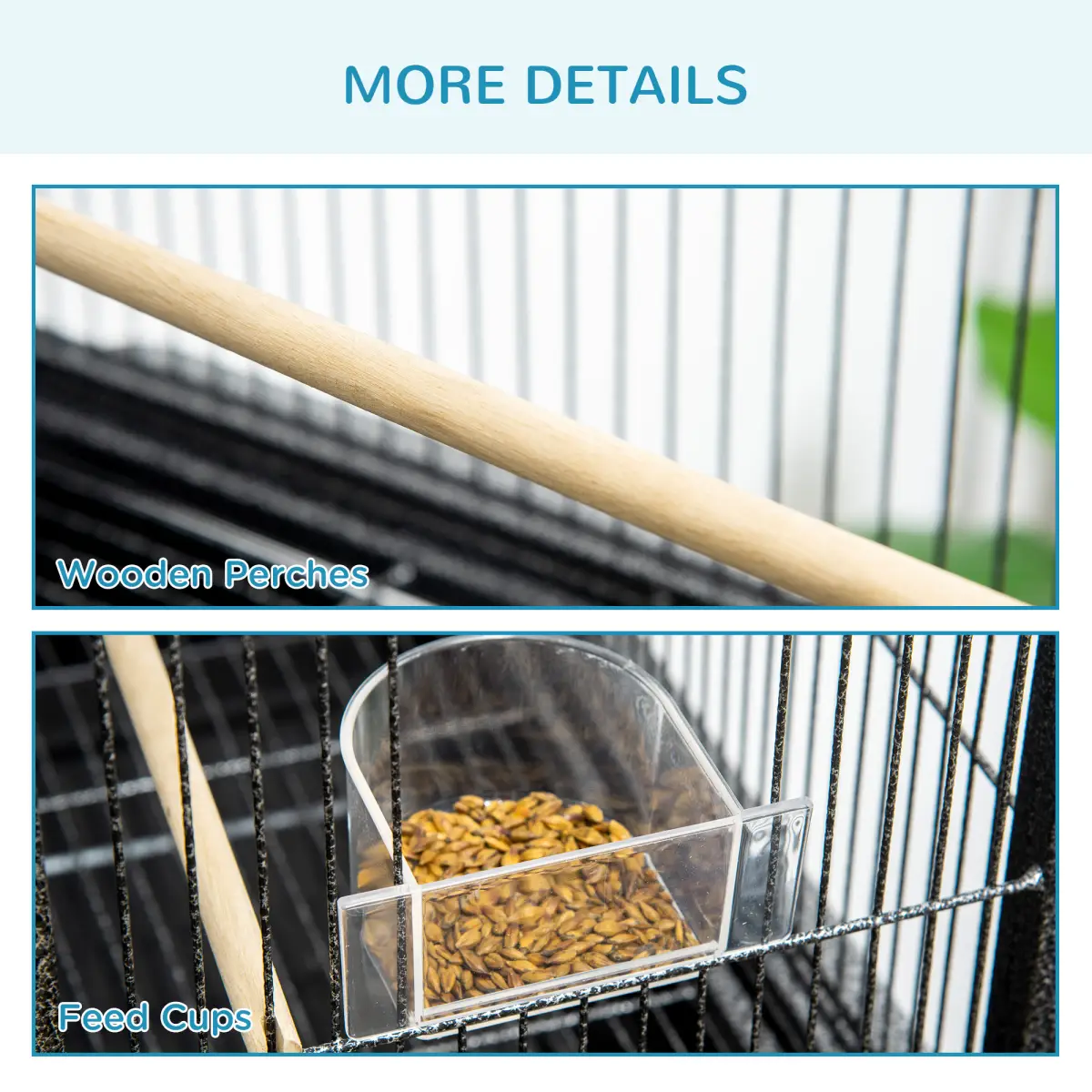 Pawhut Rolling Bird Cage w/ Detachable Stand, Storage Shelf, Wood Perch, Food Container - Bird Cage