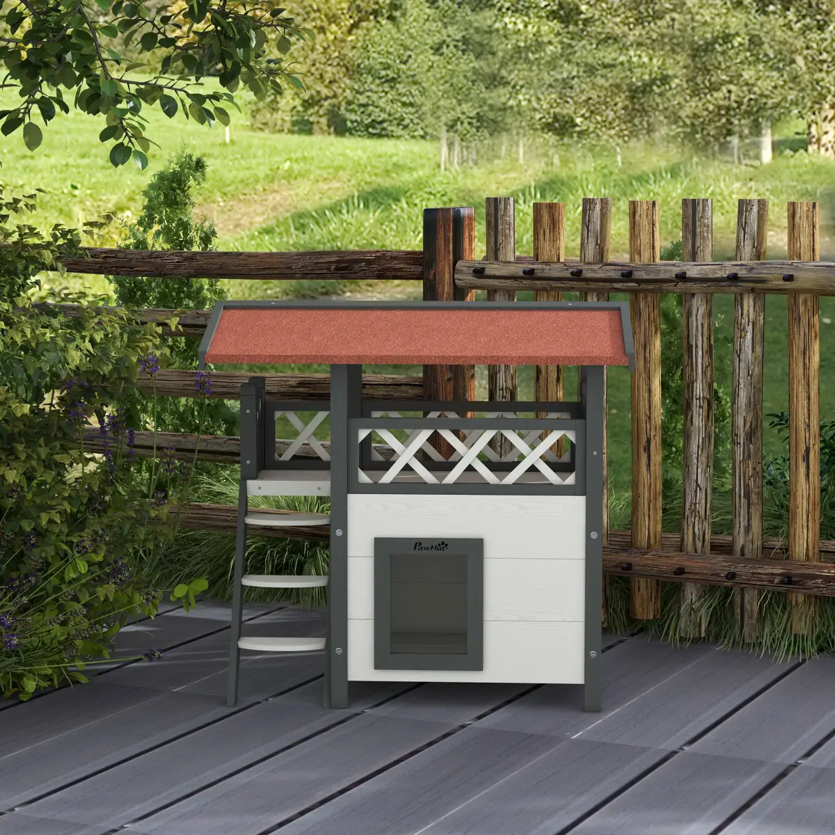 PawHut PawHut Outdoor Cat House with Balcony Stairs Roof, White - Cat House