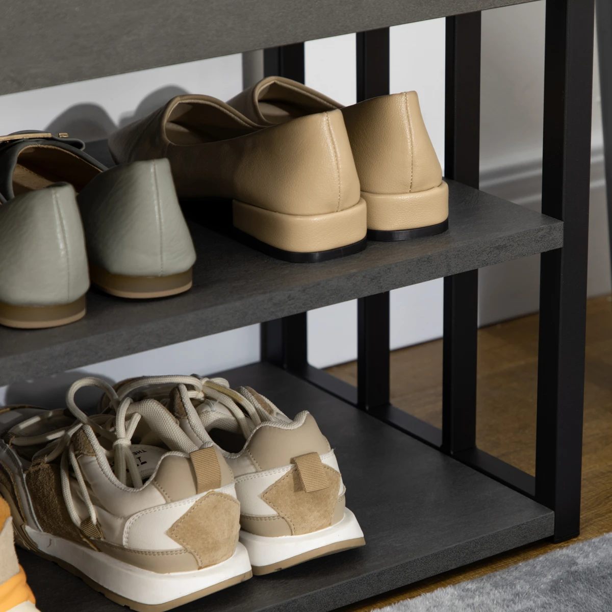 HOMCOM Upholstered Entryway Shoe Bench With Storage Open Shelves Grey Ideal For Small Hallways by HOMCOM