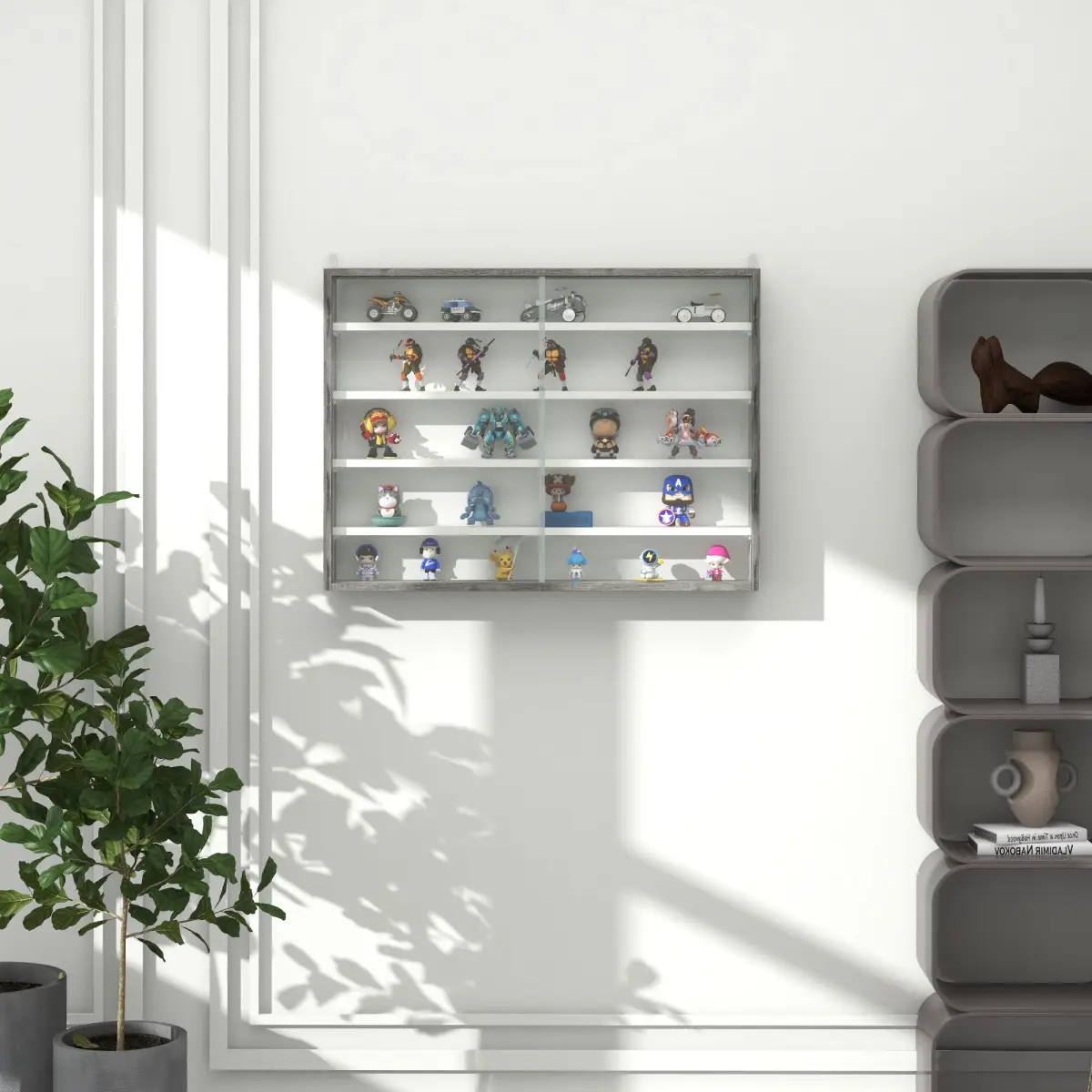HOMCOM HOMCOM 5-Tier Wall Display Shelf Unit Cabinet w/ Shelves Glass Doors Grey Wood - Display Cabinet