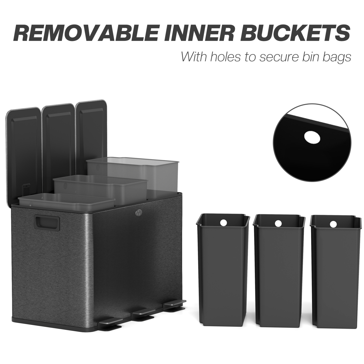 HOMCOM 3 x 20L Triple Kitchen Bin Pedal Bin for Recycling and Waste, Black - from HOMCOM
